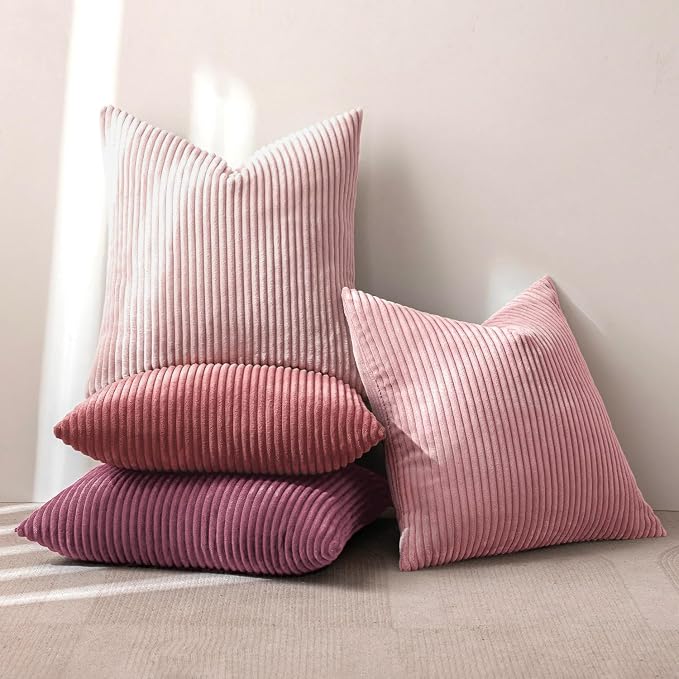 MIULEE Soft Corduroy Decorative Throw Pillow Covers Purple Pink 20x20 | Set of 4, Shabby Chic Romantic Decor, Pink Gradient Matching, Boho Farmhouse Cushion Covers for Couch Bed Sofa Living Room