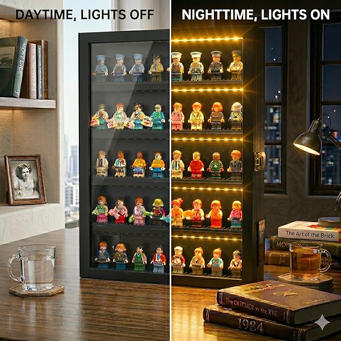 Minifigure Display Case – Black 16″ × 11″ × 2″ Showcase Cabinet with LED‑Lit Shelves, Mini Figurines Display Case with Built‑in Feet, Battery‑Powered, Cord‑Free Collection Display