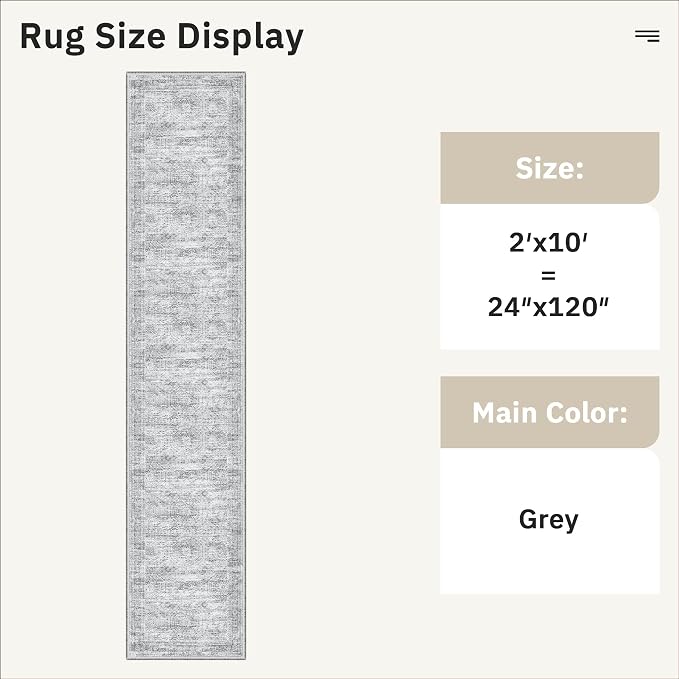Soalmost Runner Rug 2x10 Washable Non-Slip Hallway Kitchen Runners Grey | Stain Resistant Vintage Rugs for Bathroom Laundry Room, Low Pile Foldable Floor Carpet Mat for Entryway Corridor Bedroom