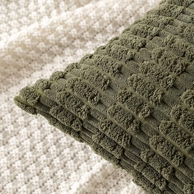 MIULEE Corduroy Decorative Throw Pillow Covers 18x18 Olive Green Pack of 2 | Soft Boho Striped Pillow Covers Modern Farmhouse Home Decor For Sofa Living Room Couch Bed