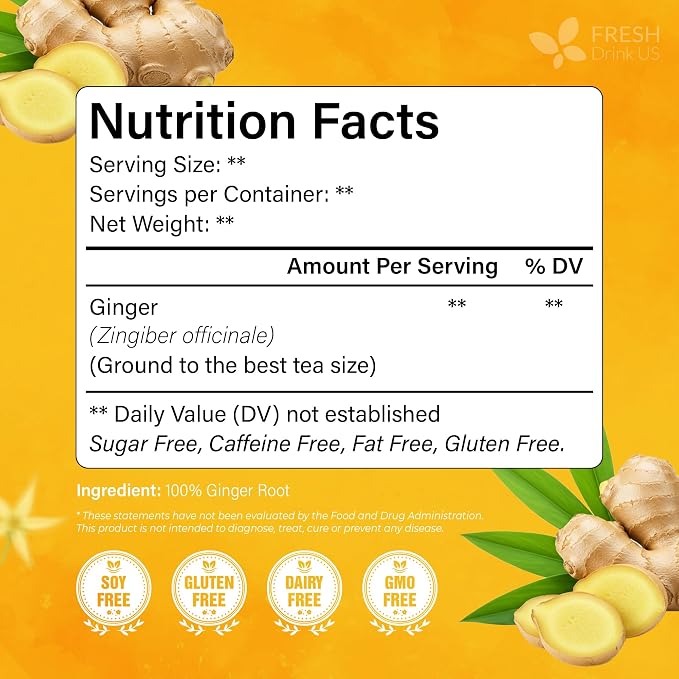 FreshDrinkUS, 120 Ginger Tea Bags, 100% Natural & Pure. Ginger Herbal Tea. No Sugar, No Caffeine, No Gluten, Vegan.