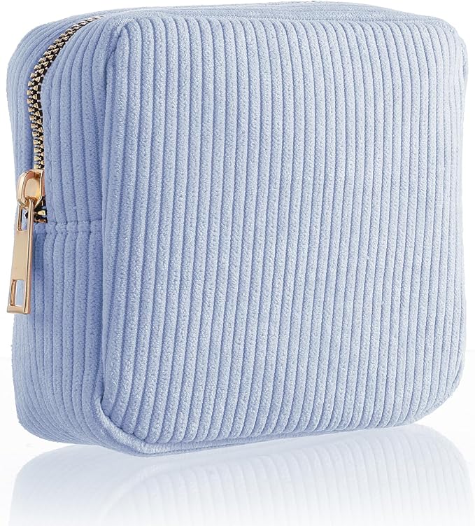 Xinjoduz 1 PCS Sanitary Napkin Storage Bag, Mini Makeup Bag with Zipper Corduroy Period Bags for Teen Girls for School Small Square Cosmetic Pounch Menstrual Pad Bag Tampon Holder for Purse (Blue)