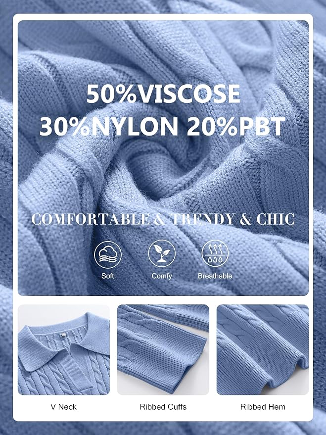 ANRABESS Womens Cable Knit Sweaters Long Sleeve V Neck | Pullover Collared Sweater Tops, Polo Knit Shirts, Business Casual Work, Tennis Golf, Fall Winter Fashion Outfits