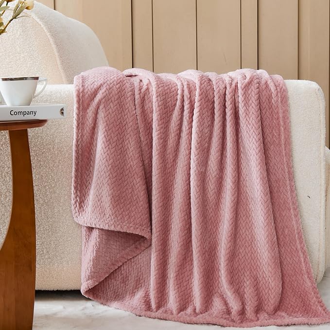 NEWCOSPLAY Fleece Leaves Pattern Queen Blanket, Dusty Pink, 90"x90" | Super Soft Throw Blanket, Lightweight Cozy Bed Sofa Blanket, Premium Silky Flannel Fleece, Travel Blanket for All Season Use