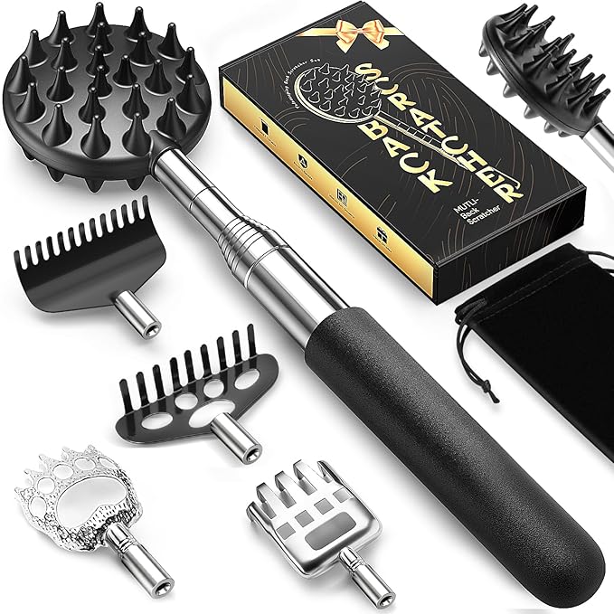 TUKUOS Telescoping Back Scratcher with 5Pcs Detachable Heads, Valentines Day Gifts for Him Men, Larger Scratching Tips, Anniversary Birthday Gifts for Men Women Back Scratcher for Men/Dad/Women/Adults