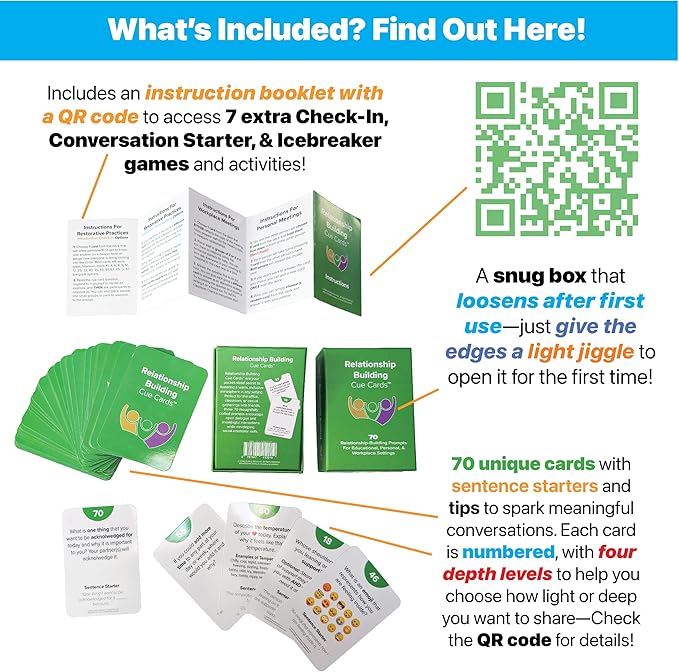 Relationship Building CUE Cards - Conversation Starter Question Game to Deepen Connection - 70 Educator & Therapist Chosen Cards with Conversation Starter Questions & Sentense Starters