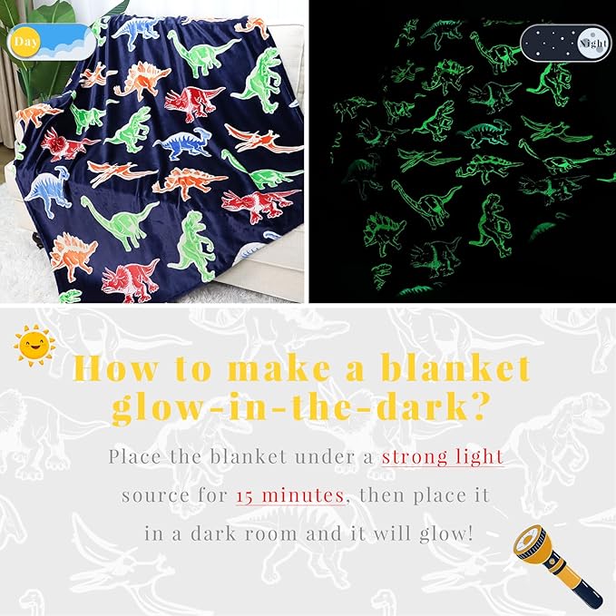 Dinosaur Gifts Toys for Kids Boys - Glow in The Dark Dino Blanket Birthday Gifts for Boys Age 3 4 5 6 7 8 9 10 Year Old Child Teen Toddler Dinosaur Room Decor 60"x80"