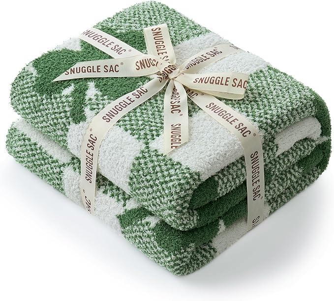 Snuggle Sac St.Patrick's Day Blanket, Lucky Spring Green Clover Shamrock Irish Throw Blanket, Soft Cozy Fuzzy Reversible Checkered Blanket for Couch Sofa Chair, 50x60 inches