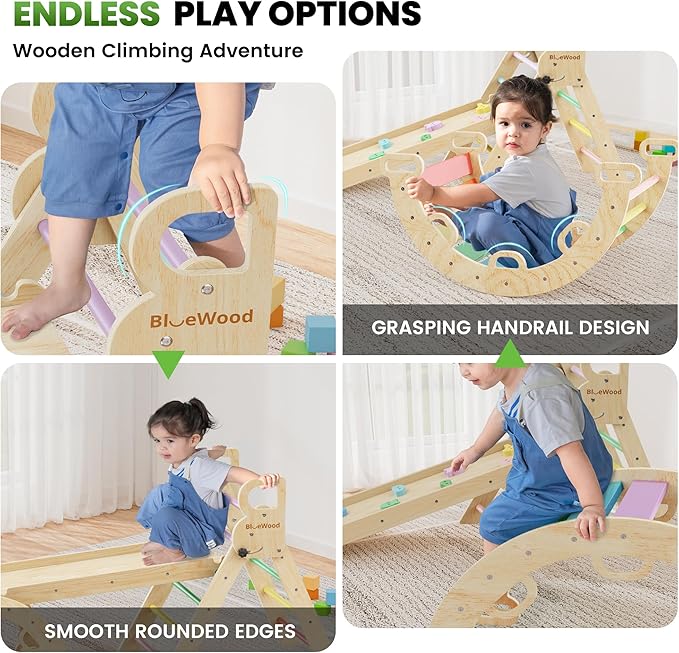 BlueWood Pikler Triangle Set with Safe Handle, Foldable 7-in-1 Montessori Toddler Climbing Toys Indoor, Wooden Pickler Climbing Set, Baby Jungle Gym & Playground, Climbing Toys for 1-3 Year, Rainbow