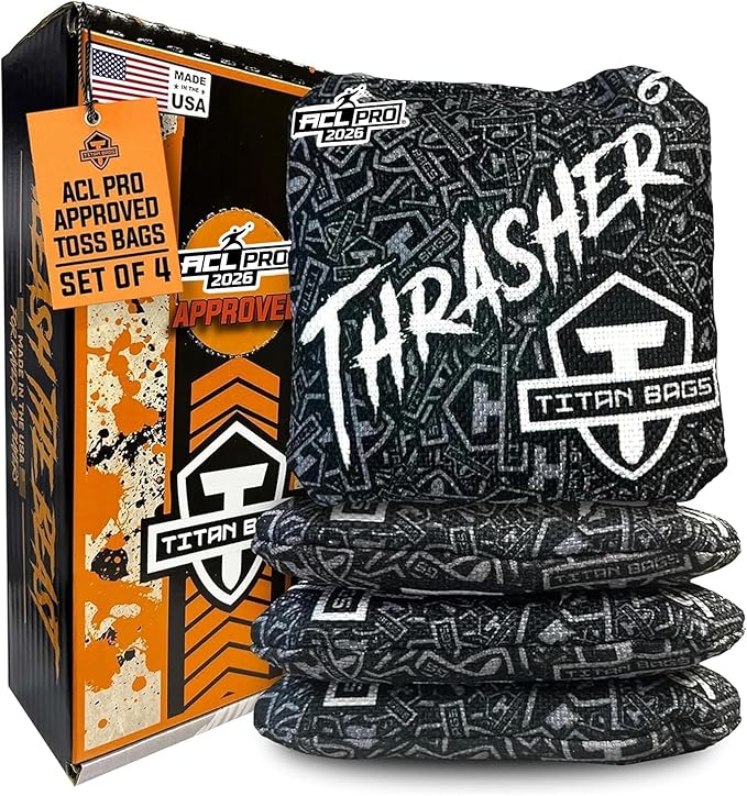 Titan Bags Thrasher Cornhole Bags - 6"x6" ACL PRO Approved Tournament-Grade, Durable Dual-Sided for Precision Shots, All-Weather Power Grip Pellets for Indoor & Outdoor Tossing - Set of 4