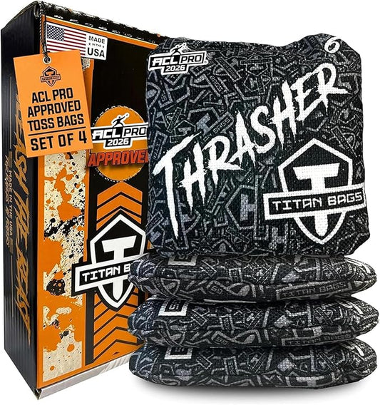 Titan Bags Thrasher Cornhole Bags - 6"x6" ACL PRO Approved Tournament-Grade, Durable Dual-Sided for Precision Shots, All-Weather Power Grip Pellets for Indoor & Outdoor Tossing - Set of 4