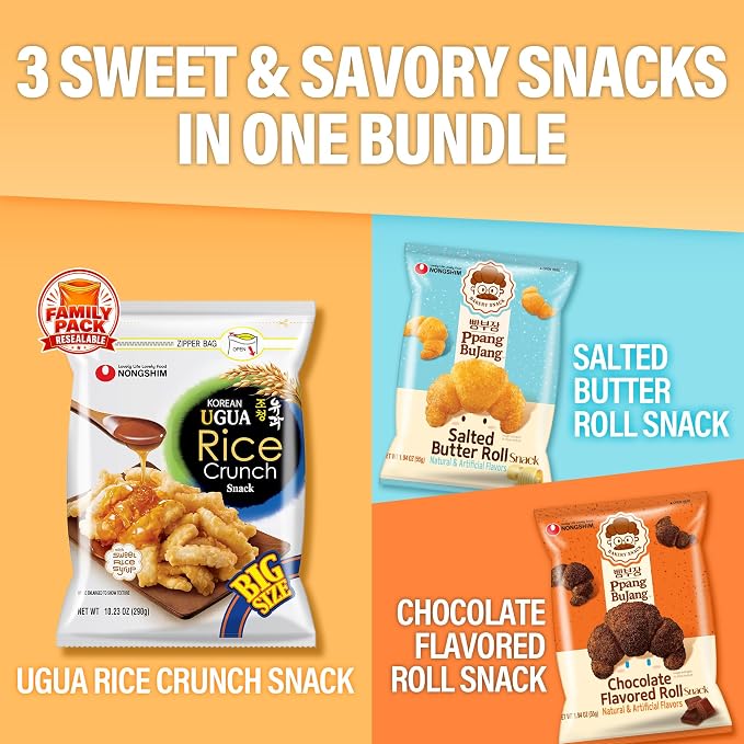 Nongshim Sweet Korean Snack Variety Pack, Asian Snacks Box, 3 Count | Korean bakery-style sweet snack variety with brown rice syrup, chocolate and salted-butter profiles