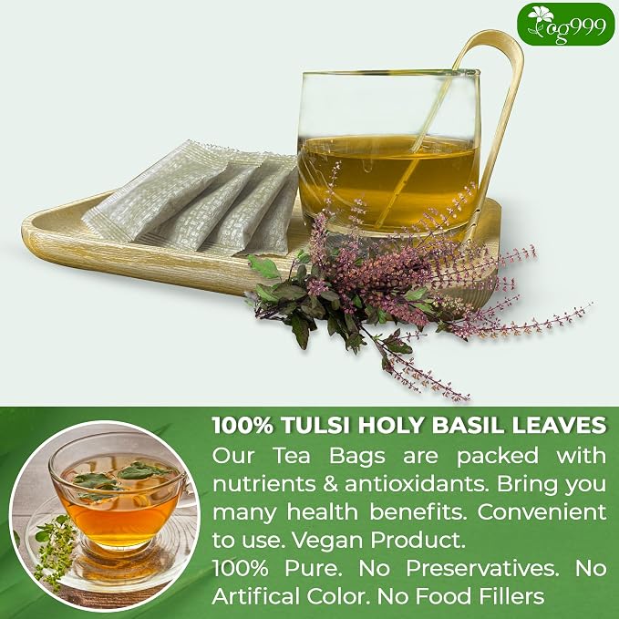 TOG999, Premium 120 Holy Basil Leaf Tea Bags, 100% Natural & Pure Holy Basil Leaves. Loose Leaf Holy Basil Herbal Tea. Holy Basil Leaf Tea. No Sugar, No Caffeine, No Gluten, Vegan.