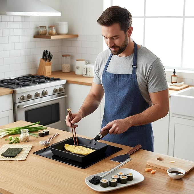 Japanese Cast Iron Tamagoyaki Pan - Pre-Seasoned, Liquid Nitrogen Treated, Non-Rust, Ready to Use, Detachable Wood Handle, Oven Safe, for Omelets, Steak & Camping, Chemical-Free Non-Stick,9x7 Inch