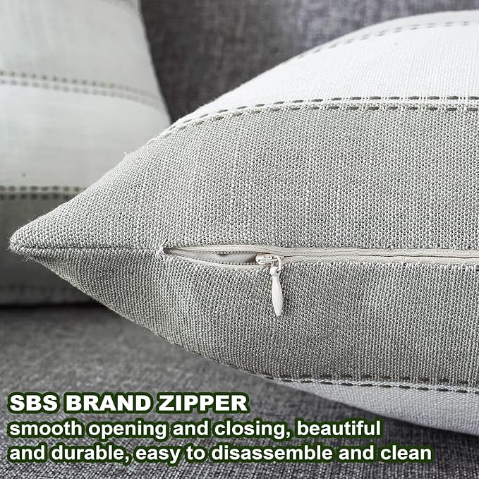 Pack of 2 Farmhouse Stripe Check Throw Pillow Covers Set Case Cotton Linen Decorative Pillowcases Cushion Cover for Couch Bench Sofa 22x22Inch Dark Grey Beige