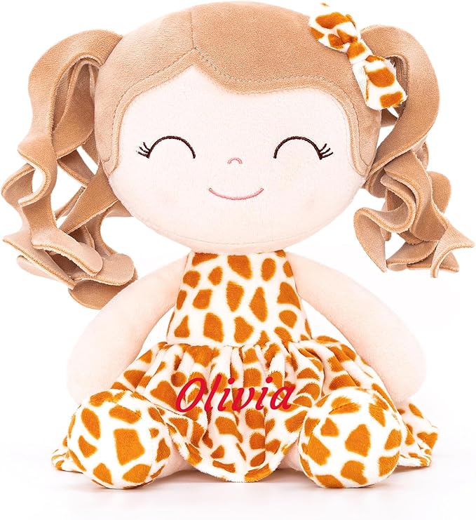 Gloveleya Personalized Rag Doll – Custom Name Baby Girl Gift, Soft Plush Curly Hair Doll with Giraffe Dress, 12 Inches – Birthday, Baby Shower & Holiday Keepsake Toy