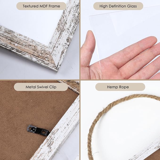 QUTREY Collage Picture Frames 4x6, 6 Openings Hanging Photo Frame Set for Vertical 4 by 6 inch Pictures for Wall, Distressed White, 2 Pack