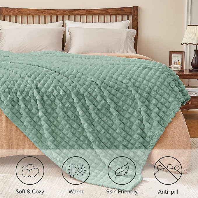 BEDELITE Sage Green Checked Fleece Twin Throw Blanket for Bed, 60x80 Inch | Soft Warm Fuzzy Fluffy Blanket for Couch Sofa, Lightweight Plush Cozy Throws for Home Room Decor, Gift for Women, All Season
