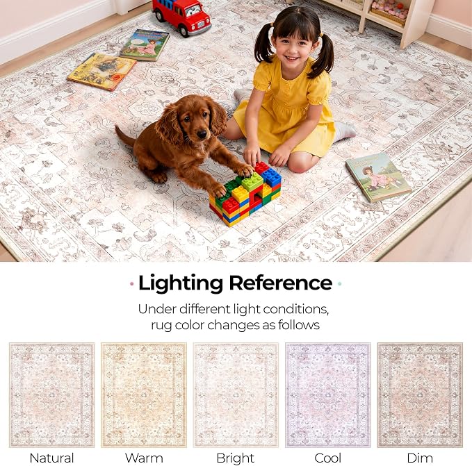 CAPALOCA 6x9 Washable Nursery Girls Low Pile Area Rug Pink | Non-Slip Soft Rugs for Bedroom Kids Playroom Living Room, Print Pattern Water Repellent Carpet Indoor Decor