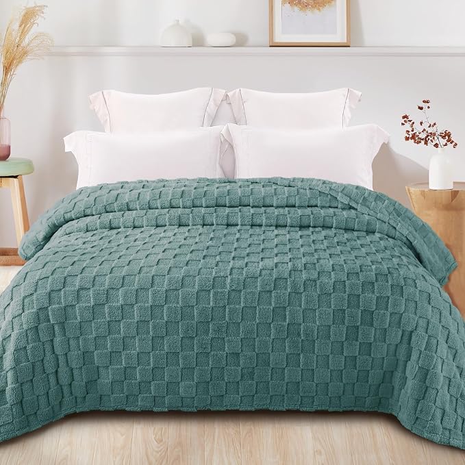 Exclusivo Mezcla 3D Checkered Fleece Queen Blanket for Bed, Celadon | Super Soft and Cozy Fluffy Blanket, Lightweight, Breathable, Decorative Blanket for Living Room, Bedroom, All Season, 90"x90"