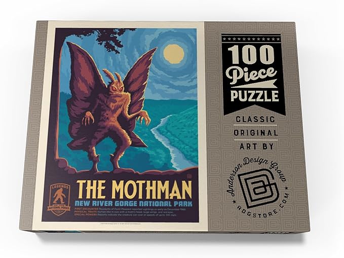 MyPuzzle Legends of The National Parks: New River Gorge's Mothman, Vintage Poster - Premium 100 Piece Jigsaw Puzzle for Adults