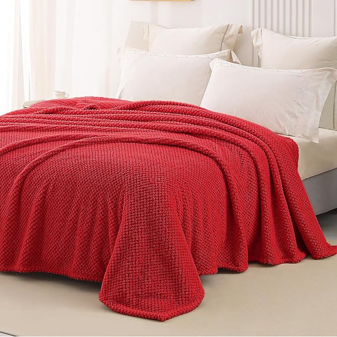 Whale Flotilla Soft Fleece Queen Size Bed Blanket, Red | 90x90 Inch, Suitable for Bed, Fluffy Fuzzy Jacquard Blankets for All Season, Lightweight and Cozy
