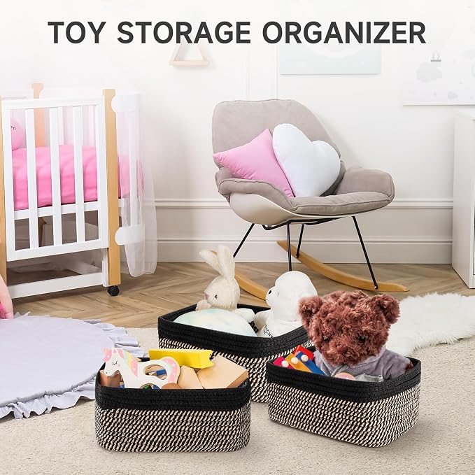 3 Pack Small Storage Baskets for Organizing, 11.8×7.8×5.1", Black Brown | Woven Baskets for shelves, Cotton Rope Basket for Gifts Empty, Closet Organizer Bins with Handles, Cube Decorative Box