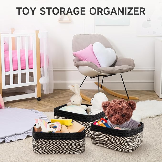 3 Pack Storage Baskets for Organizing, 13.7×9.5×6.3", Black Brown | Woven Baskets for Shelves, Cotton Rope Basket for Gifts Empty, Closet Organizer Bins with Handles, Cube Decorative Box