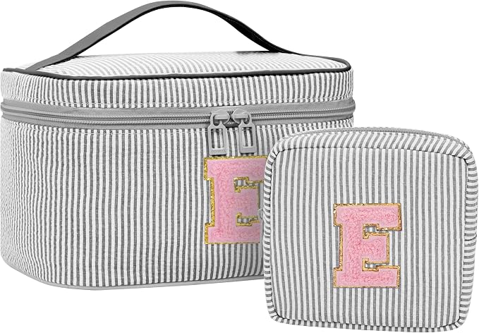 MONSTINA Personalized Initial Makeup Bag with Brush Holder for Women,Monogram Make Up Case for Girlfriend Bridesmaid Wife,Birthday Gift for Her Cute Toiletry Bag,2PCS,Black E