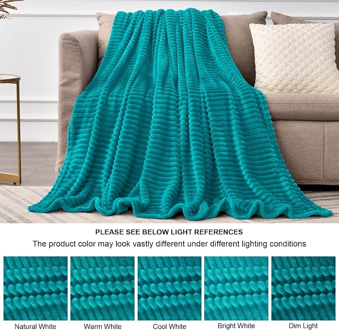 BEDELITE Ribbed Jacquard Ocean Blue Blankets Queen Size for Bed, 90x90 Inch | Soft Warm Decorative Fluffy Blanket, Cozy Fuzzy Lightweight Plush Fleece Throw Blankets for Bed, Room Decor, Gift for Women