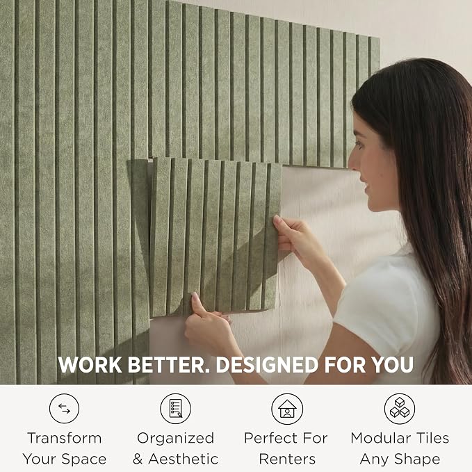 Felt Bulletin Board Tiles 48"x36" 12-Pack, Cork Board Alternative, OEKO-TEX Certified, NRC 0.95 Acoustic Wall Panels, Damage-Free Adhesive, Slatted Design, Home Office, Classroom (Khaki Green)
