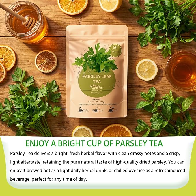 Samcci - Parsley Tea Bags - 60 Count (2g Per Bag) - 100% Natural Dried Parsley Leaves - Petroselinum Crispum - Non-GMO & Caffeine-Free - Plant-Based Corn Fiber Mesh Bags - Refreshing Herbal Infusion for Breath & Wellness