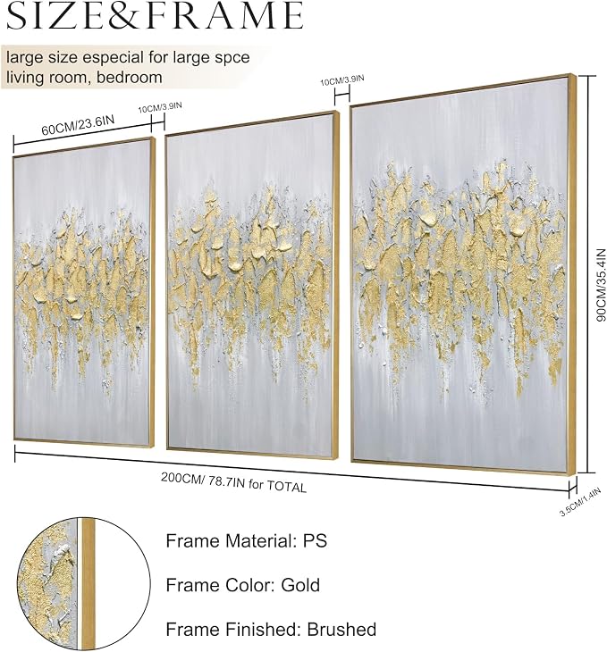 Zessonic Abstract Glam Gold Textured Hand-Painted Thick Wall Art,24"x36"x3 | Framed Modern Glam Gold Hand-Painting Canvas Art for Bedroom Decor Glitter Abstract Artwork for Living Room Bedroom Office