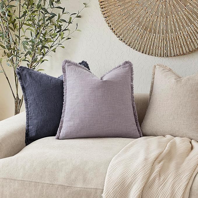 Foindtower Set of 2 Decorative Linen Fringe Lumbar Throw Pillow Covers Boho Farmhouse Cushion Cover with Tassels Soft Accent Pillowcase for Couch Sofa Living Room Home Decor,12×20 Inch,Light Purple