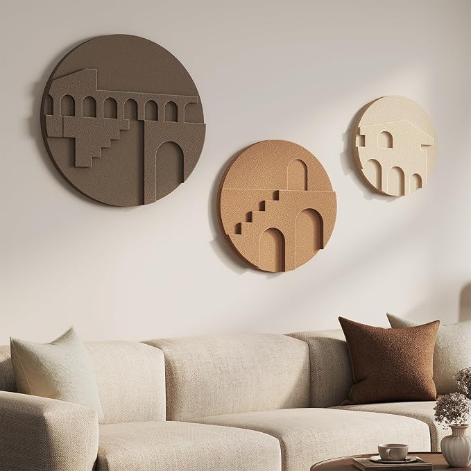 3D Textured Round Neutral Abstract Wall Art Set, 3 Piece Mid-Century Modern Geometric Sculpture Artwork for Walls, Minimalist Boho Earth Tone Paintings for Living Room Dinging Room Bedroom Wall Decor