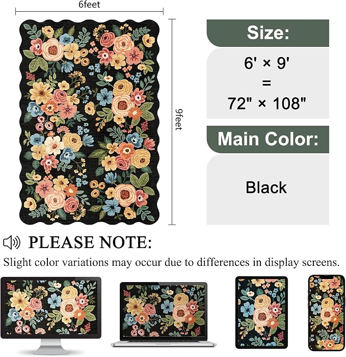 DUKINO 6x9 Area Rugs, Floral Washable Rug for Living Room Non Slip, Black | Low Pile, Stain Resistant, Soft Indoor Large Rugs for Bedroom, Dining Room, Kids Playroom, Nursery, Pet Friendly, Home Decor