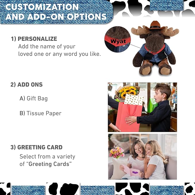 DolliBu Red Plaid Hoodie Moose Stuffed Animal Cowboy Plush with Name Personalization - Western-Themed Moose Plush with Cute Cowboy Costume Denim Shirt Vest, Bandana, Leather Pants, and Hat - 10 Inches