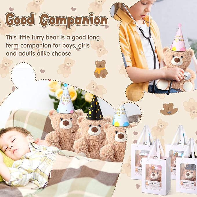 HyDren 12 Sets Adopt a Bear Favors Includes 10 Inch 12 Mini Stuffed Bear Plush Bulk Adoption Cards Birthday Hats with Bags for Adopt a Pet Party Birthday Supplies Gifts
