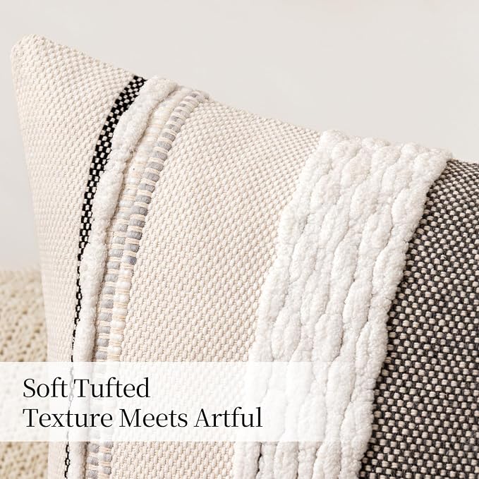 ANRODUO Boho Decorative Throw Pillow Covers White Stripe 18x18 Pack of 2 | Throw Pillow Covers, Farmhouse Cushion Case, Chenille Pillow Cases, Pillow Covers, Neutral Pillowcase for Sofa Couch Bed