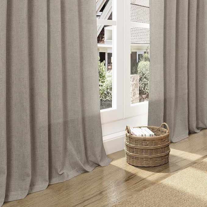Nanspring Grey Beige Linen Curtains 63 Inch Length ffor Living Room Luxury Light Filtering Semi Sheer Curtain Back Tab Simple Modern Neutral Elegant Boho Gray Drapes for Bedroom 52x63, 2 Panels