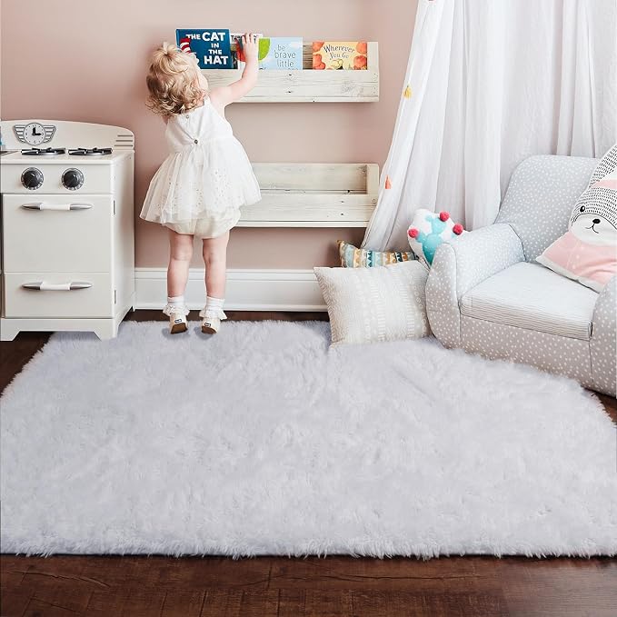 Amdrebio White Area Rugs for Bedroom, Shag Fluffy Bedside Rug for Living Room, Modern Furry Shaggy Throw Rug for Kids Room, Teens, Dorm, Baby Nursery, Cute Fuzzy White Carpet, 3x5 Rug, Home Decor