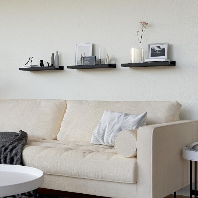 RICHER HOUSE 3-Set Floating Shelves with Lip, Black Small Wall Shelf, 16In | Display Picture Ledge Shelf, Anti-drop lip Shelf for Room Wall Decor, Bedroom Bathroom Storage Nursery Books, Easy Setup,Wood