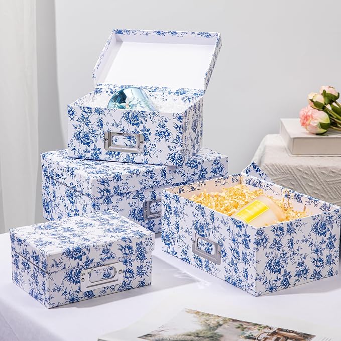 Briful Blue White Floral Nested Decorative Storage Boxes with Lids | 4Pcs Vanity Desktop Organizer Bin, Cardboard Photo Boxes Storage for Makeup, Office Supplies, Entryway Shelf Decor, Gift Box