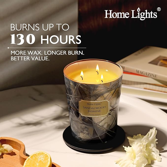 HomeLights Soy Wax Candles for Home Scented, 3-Wick Candles in Sandalwood Jasmine Scented, Industrial Chic Aromatherapy Candles Gift for Parties, Relaxing, 34oz