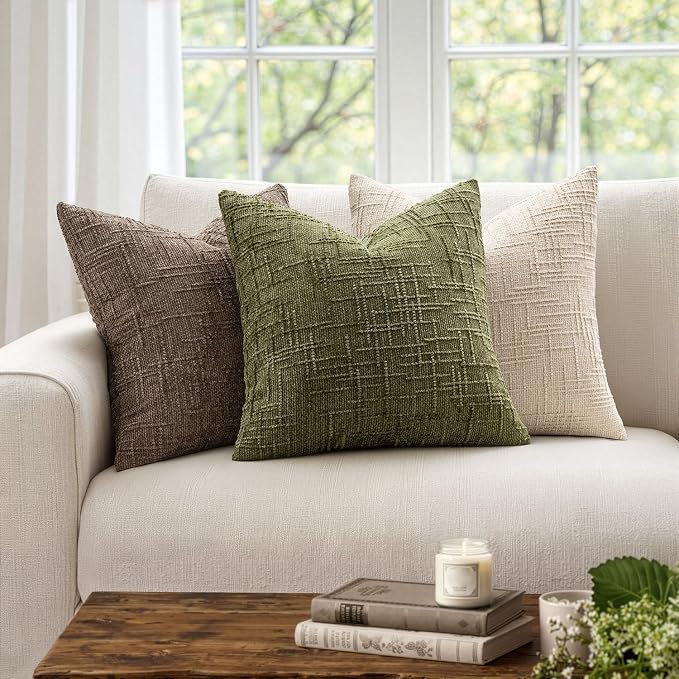 MIULEE Chenille Textured Throw Pillow Covers Olive Green 18x18 Set of 2 | Slubby Decorative Pillows, Boho Farmhouse Home Decor, Modern Neutral Cushion Covers for Couch Sofa Bed Living Room