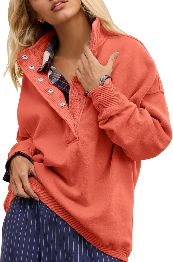 Gacaky Sweatshirt for Women Oversized Casual Long Sleeve Button Henley Neck Pullover Tops Fashion Outfits Clothes