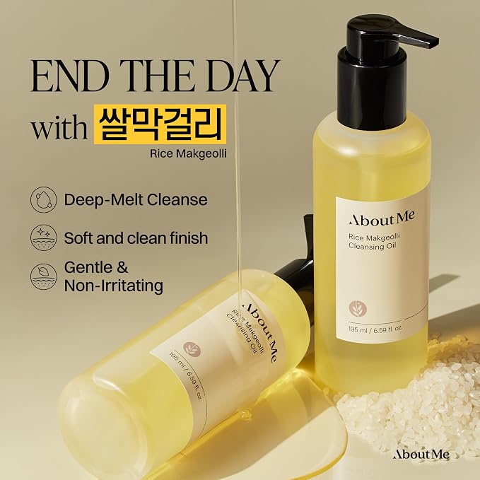 About Me Korean Rice Cleansing Oil with Makgeolli Ferments, 6.59 fl oz | Tested to Remove 99.4% of Sunscreen Residue, 10,000 ppm Rice Bran Oil, 4-Part Ferments, Milky Rinse, No Synthetic Fragrance