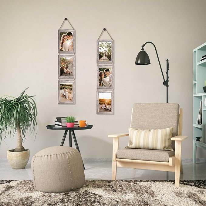QUTREY 4x6 Collage Picture Frames, 6 Openings Vertical Hanging Photo Frame Set of 2, 4 by 6 inch Multi Picture Frames for Wall Decor, Rustic Grain