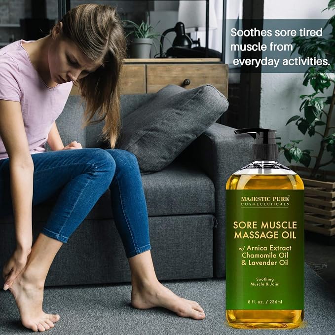 Majestic Pure Lavender Massage Oil and Sore Muscle Massage Oil Bundle - Relaxation Package - 8 fl oz Each