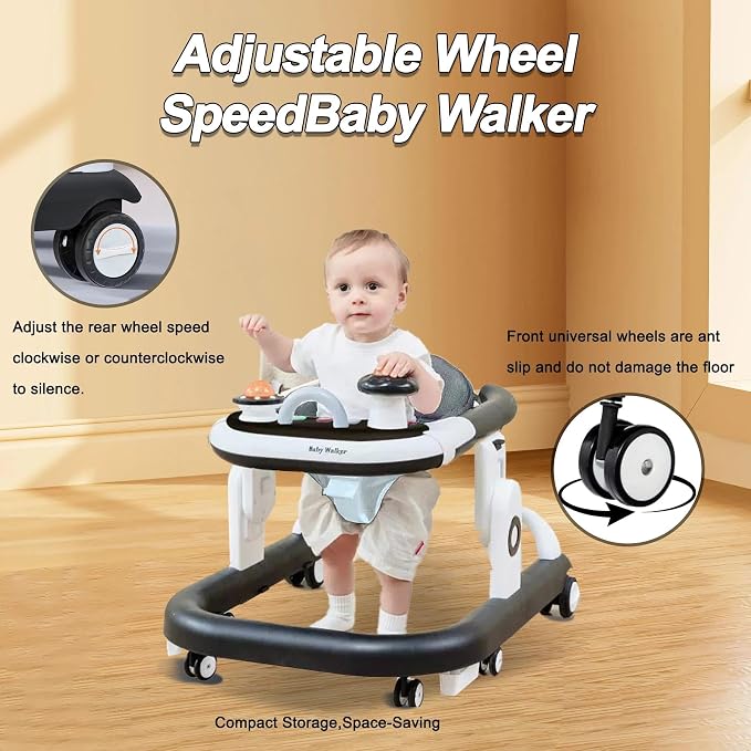 5-in-1 Baby Walker with Wheels Foldable Height-Adjustable Walker for Baby Boy 6-12 Months with Feeding Tray Multi-Functional Activity Center Battery-Free Function (Black)